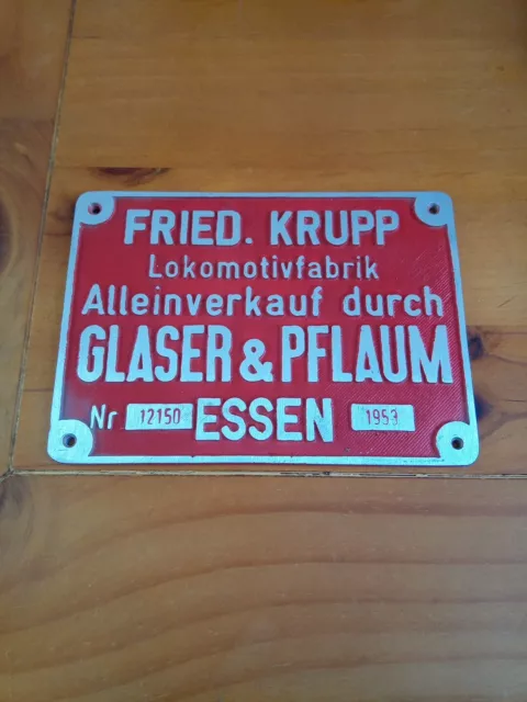 Fabrikschild Essen Krupp Glaser & Pflaum Lokschild Zugschild Deutsch Metall