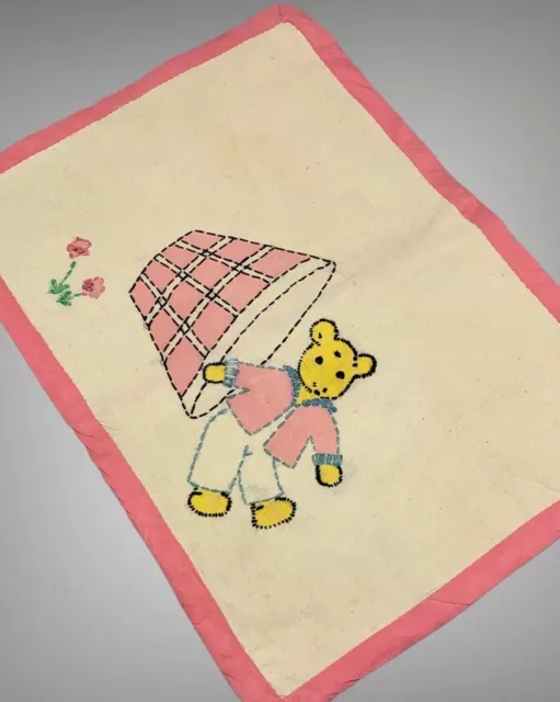 Vintage Hand-Stitched Teddy Bear Pillow Cover 12 x 16 Pink Childrens Bedding