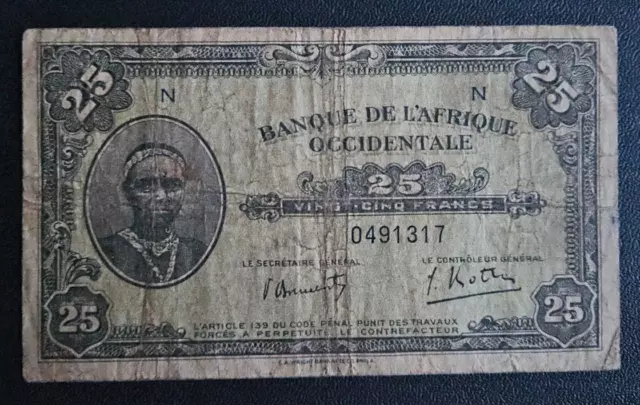 Afrique - Africa - Billet De 25 Francs Banque Afrique Occidentale De 1942.