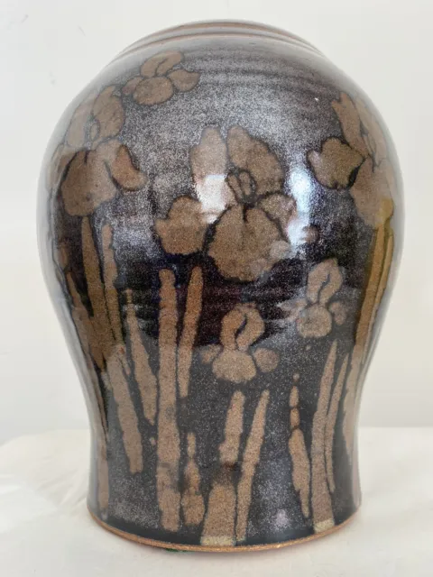 Early 1982 Melissa Greene Hand Thrown Studio Art Pottery Metallic Lamp Base Iris