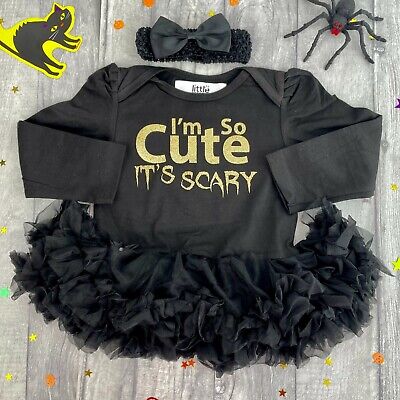 BABY GIRL HALLOWEEN COSTUME BLACK TUTU ROMPER Fancy Dress, Gold Cute It's Scary