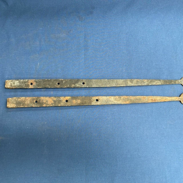 Pair Antique Hand Forged Iron Barn Door Strap Hinges 18 1/8 & 17 7/8" 9