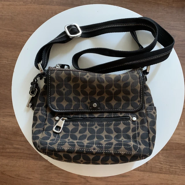 Fossil Brown and Black Canvas Crossbody Bag with Leather Trim