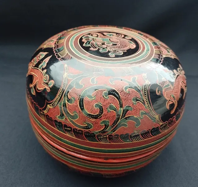 Antique Burmese Lacquerware Round Box 6.3" x 4.7"