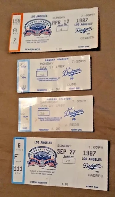 MLB (4) GAME USED TICKET STUBS 1987 LA DODGERS at DODGER STADIUM