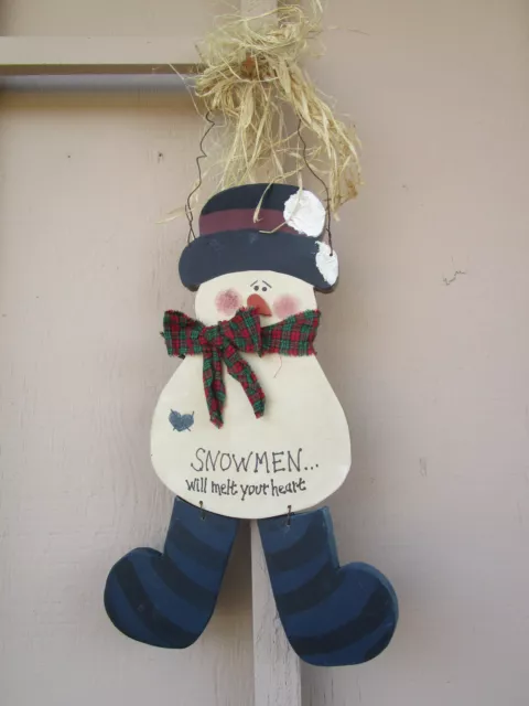 Handmade Carved Painted Snowman Christmas Wood Sign Holiday Decor 18"