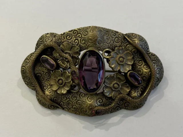 Antique Victorian Art Nouveau Snakes Floral Purple Glass Brass Brooch Sash Pin