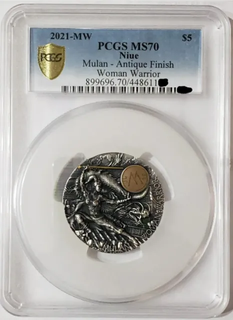 2021 2 Oz Silver $5 Niue Woman Warrior MULAN PCGS MS70 Gold Shield Coin.