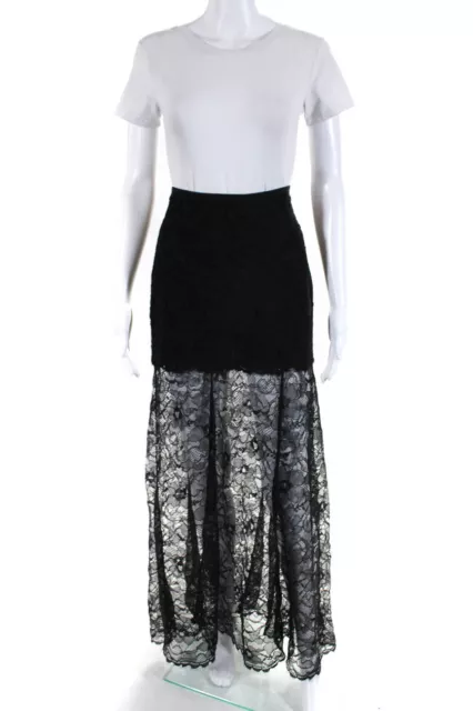 DKNY Womens Lace Lined Floral Embroidered Side Zip Long Maxi Skirt Black Size 4