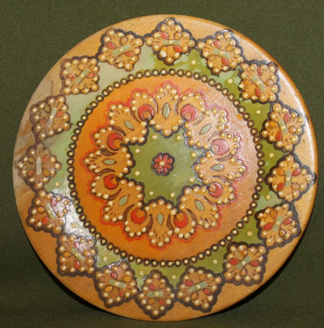 Vintage painted pyrography wood wall decor plate