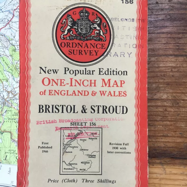 Vintage BBC 1946 Ordnance Survey Cloth Backed Map Of Bristol & Stroud