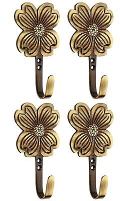 Set of 4 Handmade Brass Flower Design Hat Cloth Key Wall Hook Coat Hangers