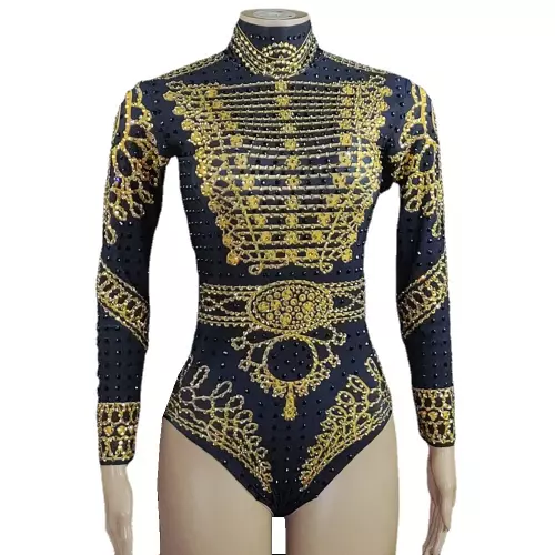 Sparkly Gold Black Rhinestones Leotard Dance Costume Show Stage Wear Outfit