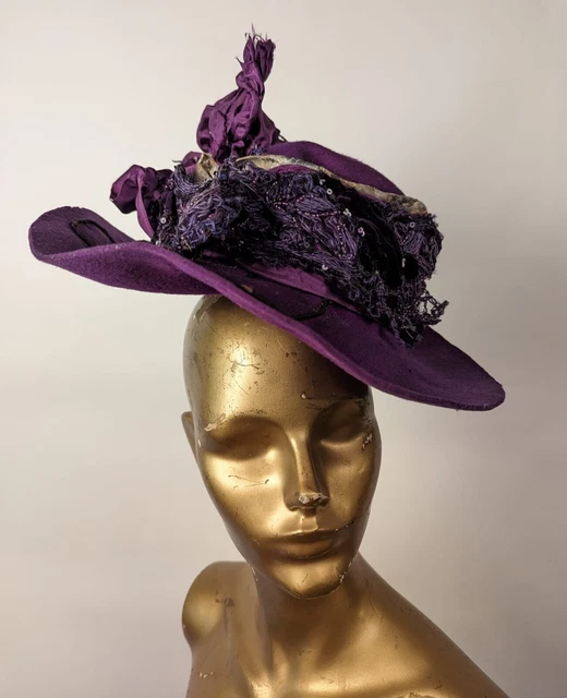 VICTORIAN 1890’S ROYAL Purple Hat W Embroidered Trim + Silk £142.14 ...