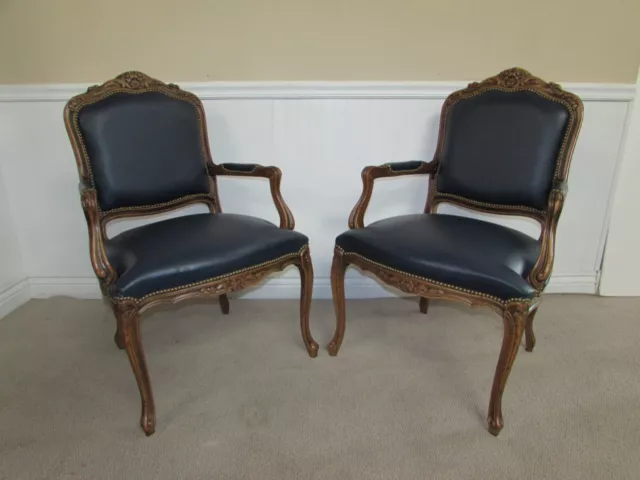 Pair Of Chateau D'ax French Louis Style Arm Chairs, Leather Upholstery