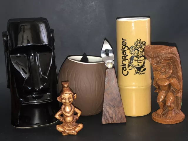 Vintage Hawaiian Tiki Lot Moai Trader Vic Coco Joes Treasure Craft Menehune