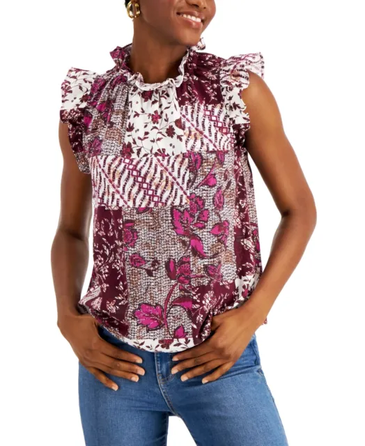 MSRP $60 Inc International Concepts Cotton Printed Ruffled Top Pink Size Large