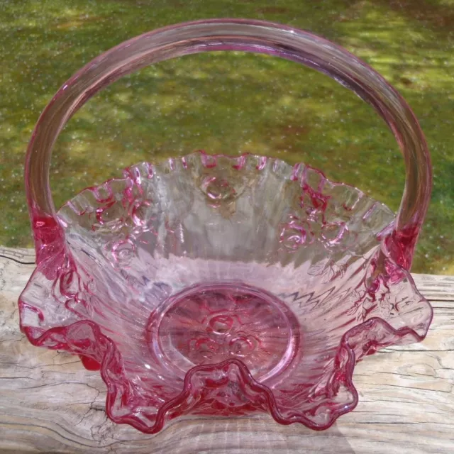 Vintage Fenton Cabbage Rose Dusty Rose Pink Art Glass Round 7" BASKET #9235/9237