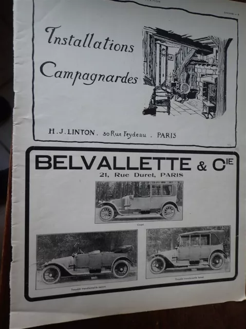 BELVALLETTE automobile + LINTON ameublement publicité papier ILLUSTRATION 1914