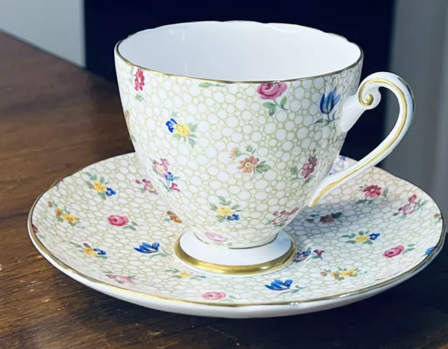 Vintage Shelley Floral Chintz   Carlisle  Footed Tea Cup &Saucer Gold Trim