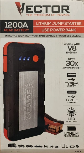 VECTOR 1200A LITHIUM Jump Starter & USB Power Bank LED Work Light NEW ...