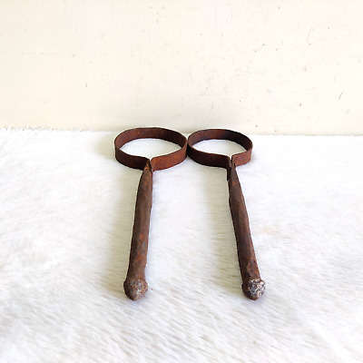 19c Vintage Primitive Iron Pot Holding Stand Pair Old Decorative Collectible