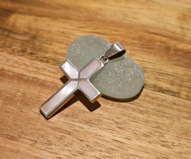 Sterling Silver and Mother of Pearl Cross Pendant Rk Mark