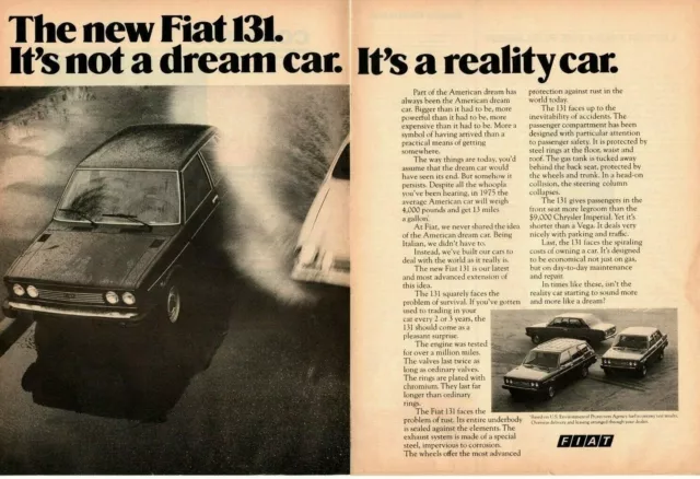 1975 Fiat 131 It's Not A Dream Car. It's A Reality Car. 2-Page Vintage Print Ad
