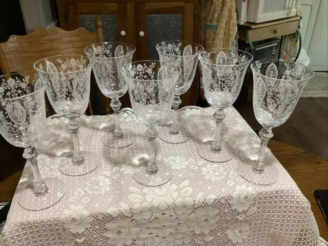 7~Tiffin June Night Elegant Etched Crystal 7 7/8” Wine Glasses Mint  17392