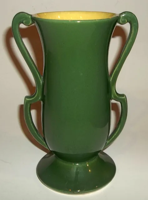 Vintage Red Wing USA 1355 Green Yellow Interior Double Loop Handles Pottery Vase