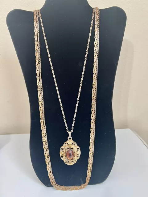 Vintage RENAISSANCE Necklace 3 Strand Brown Amber Stone Gold Copper Tone 17”