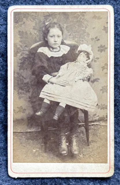 Little Girl Holding Doll Studio Portrait Photograph 1860 Carte-de-Visite CDV