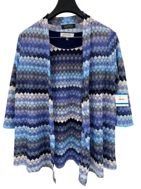 Kasper 2pc Cardigan Tank Set XL Women’s Blue Crochet 3/4 Sleeve Open NWT $158