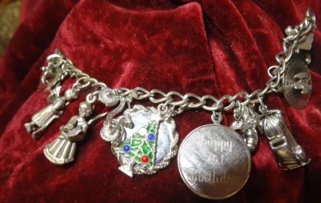 14 Great CHARM STERLING BRACELET. VW BUG, CUPID, CONFIRMATION,ANGEL, DOLPHIN. 7"