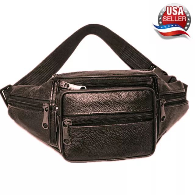 Genuine Leather Fanny Pack Multi Zippered Waist Bag Hip Belt Purse Brown Pouch