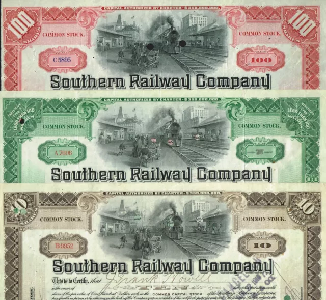 USA SET OF 3 SOUTHERN RAILWAY COMPANY stock/bond certificates