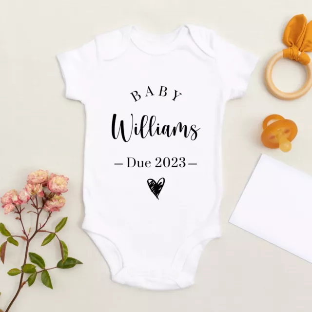 Personalised Baby Grow Baby Announcement 2024 Baby Vest Bodysuit Surname Heart