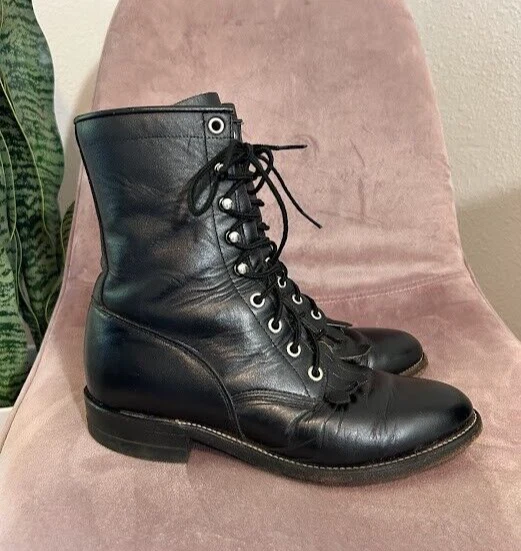 Justin 506 USA Black Leather Lace Up Roper Western Boots Mens 6 Womens 7.5