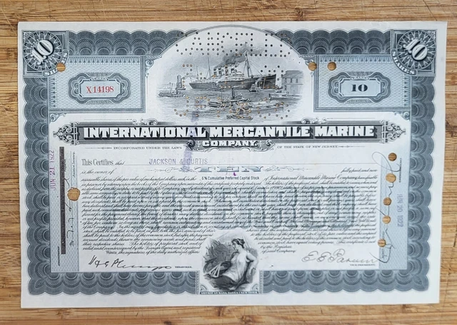 Stock Certificate International Mercantile Marine Grey 10 Shares Built Titanic