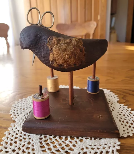 Antique Folkart Carved Wood Bird Pincushion Forged Nails Thread Spool Rack