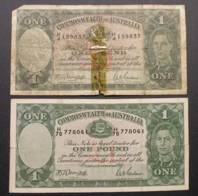2 Commonwealth of Australia (1941-1948) One Pound Notes, Captain Cook Watermark