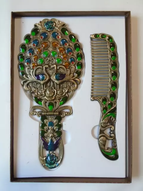Maniya Set of Mirror and Comb - with colorful enameled peacock design