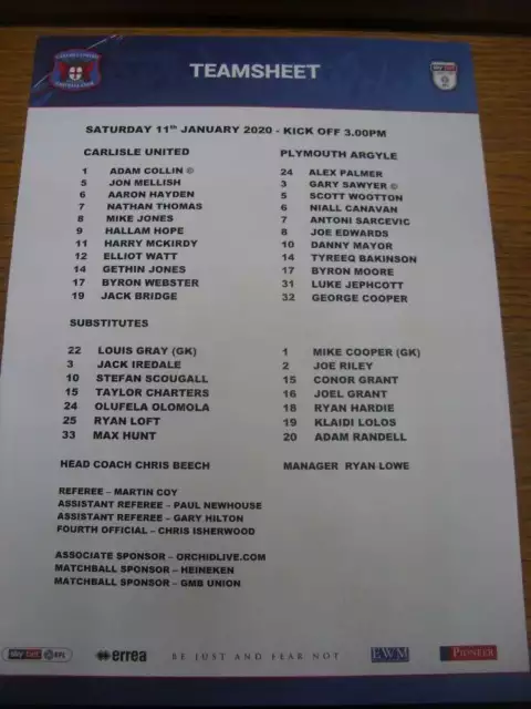 11/01/2020 Colour Teamsheet: Carlisle United v Plymouth Argyle (folded)