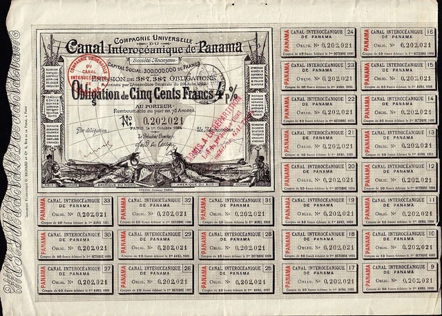 Comp Universelle Canal Interoceanique PANAMA 1884 500FR 4%  old bond certificate