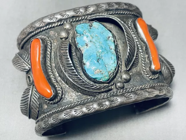 7' Wrist Huge Mens Vintage Navajo Turquoise Coral Sterling Silver Bracelet