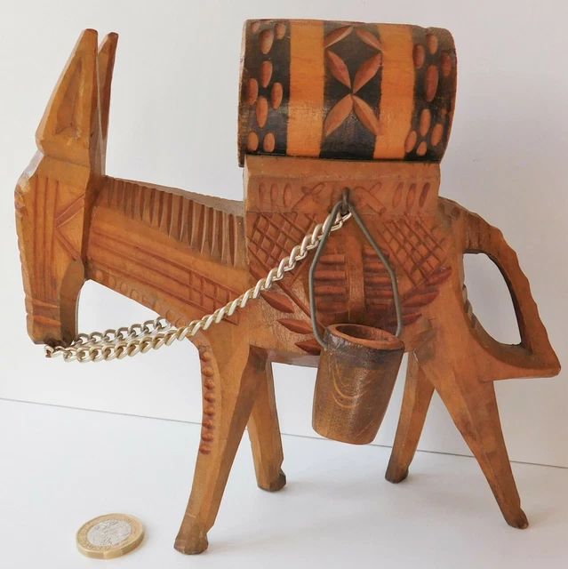 Large wooden donkey figurine Vintage carved wood animal ornament 7 inches long