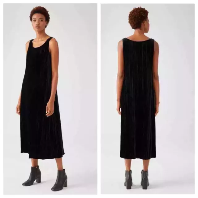 Eileen Fisher Velvet Scoop Neck Midi Dress sz: M Black Long Silk Blend Classic 2