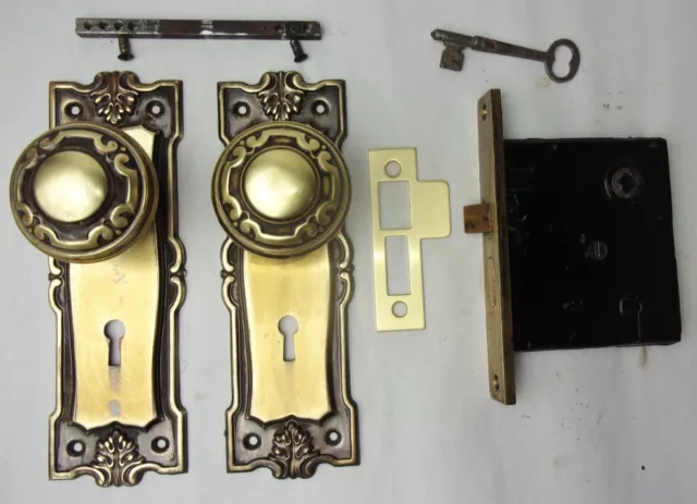 Antique Entrance Door Set Victorian / Eastlake Backplate Knob Mortise Lock Key