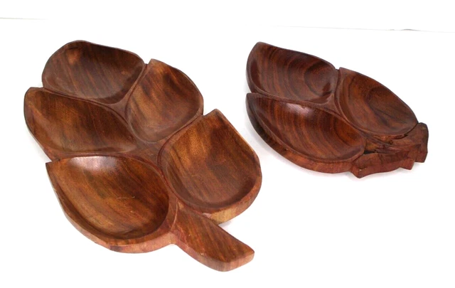 Wooden Carved Leaf Bowls Set 2 Decor Wood Serving Trays Vintage