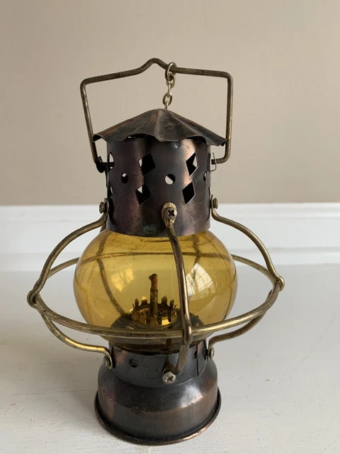 Vintage Miniature Amber Glass & Metal Oil Lantern 6”